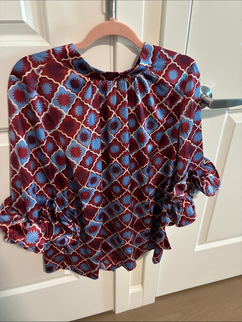 Abbey Glass Bronwyn Burgundy and Blue Patterned Ruffle Sleeve Top